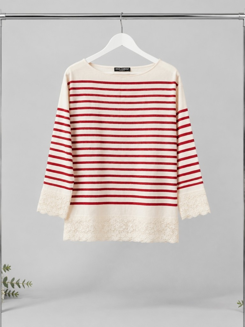 Dolce & Gabbana Red and White Striped Crewneck Sweater with Lace Hem Size 44 - Picture 3 of 6